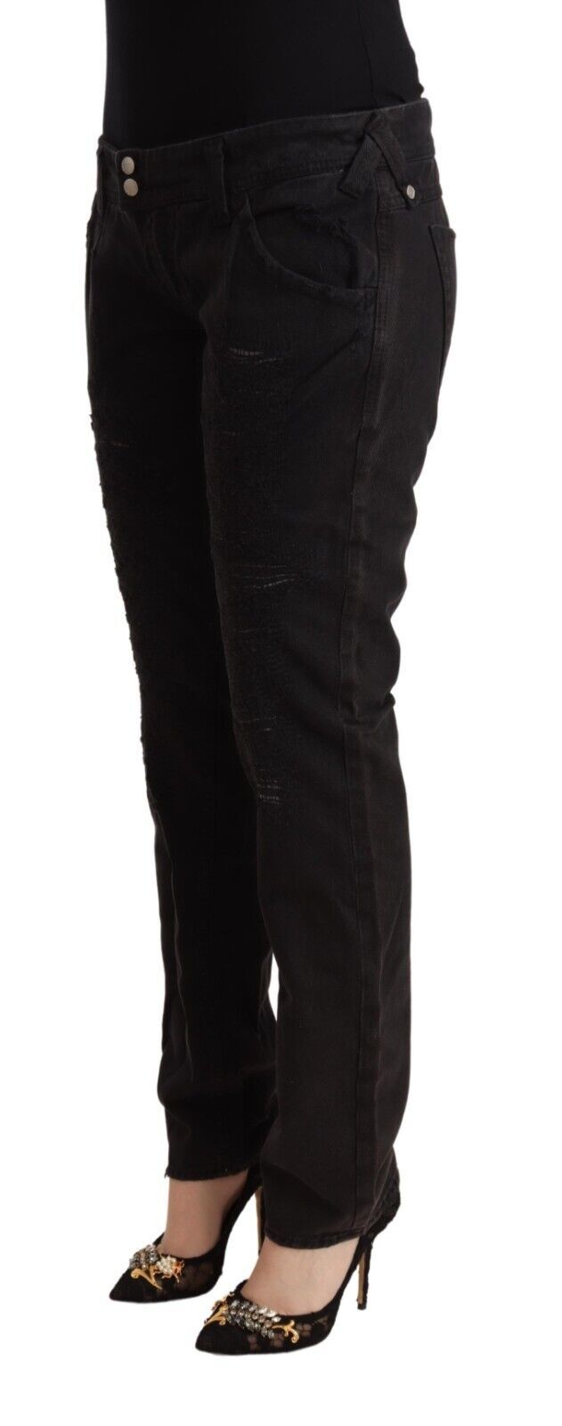 CYCLE – Schwarze, schmal geschnittene Jeans aus Baumwolle im Used-Look mit niedriger Taille