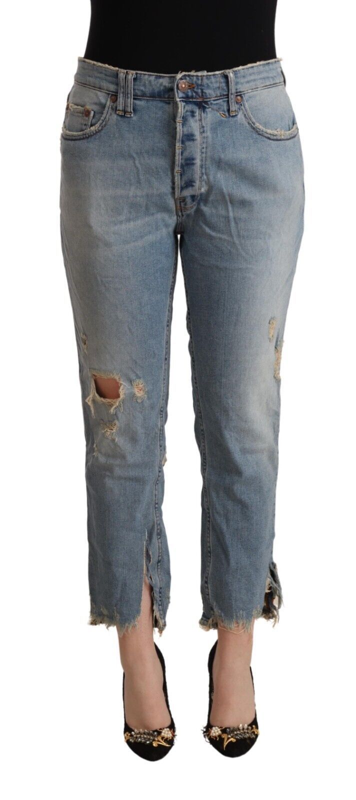 CYCLE – Hellblaue, verkürzte Jeans im Used-Look mit mittlerer Taille