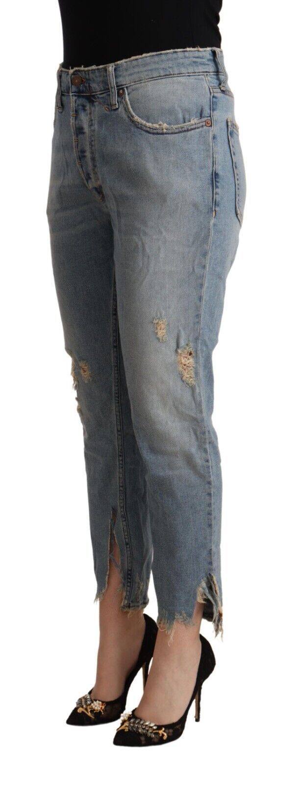 CYCLE – Hellblaue, verkürzte Jeans im Used-Look mit mittlerer Taille