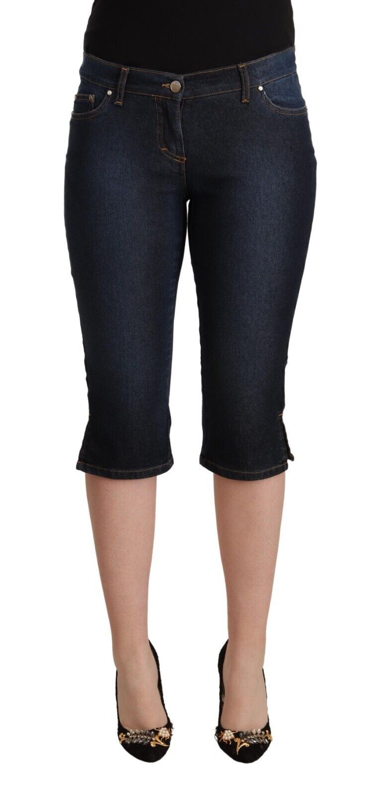 Jean en denim capri slim taille basse GF Ferre en coton stretch bleu