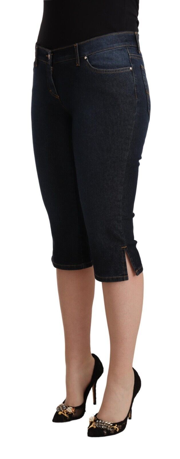 Jean en denim capri slim taille basse GF Ferre en coton stretch bleu