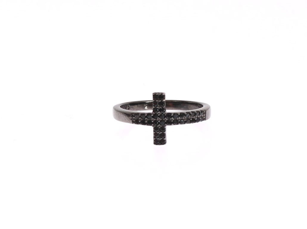 Nialaya Schwarzer Zirkonia-Kreuzring Rhodium 925