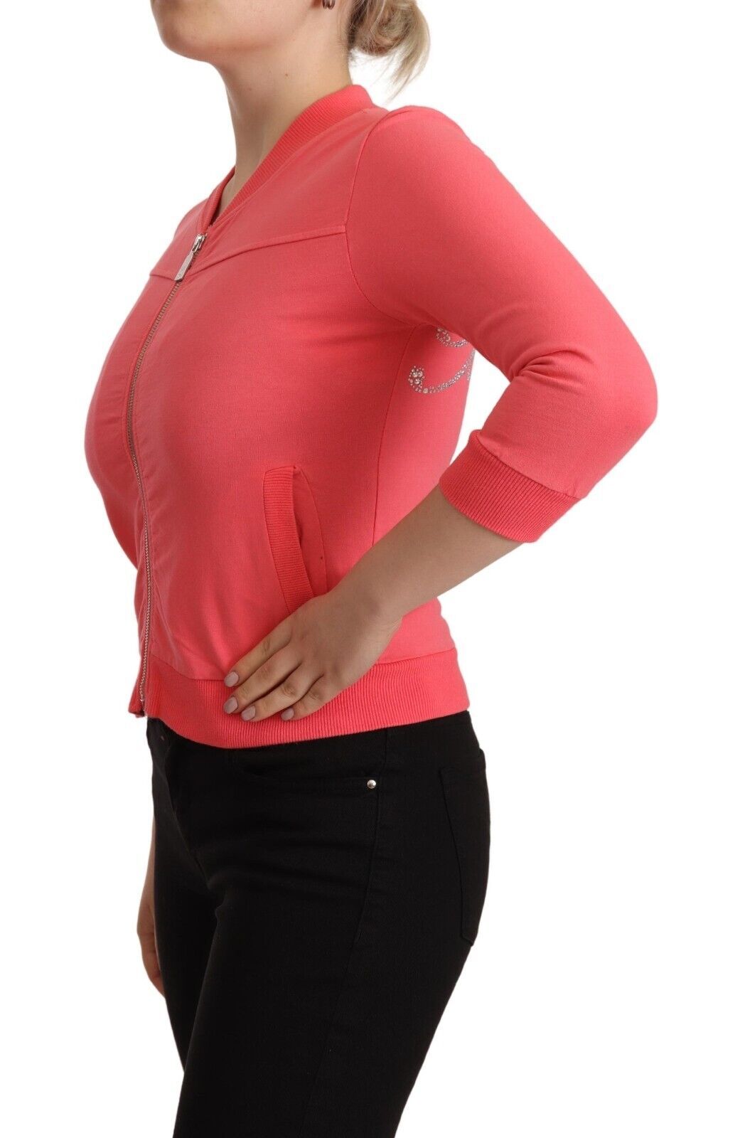 Blumarine – Rosa Pullover mit 3/4-Ärmeln und Reißverschluss und Verzierung