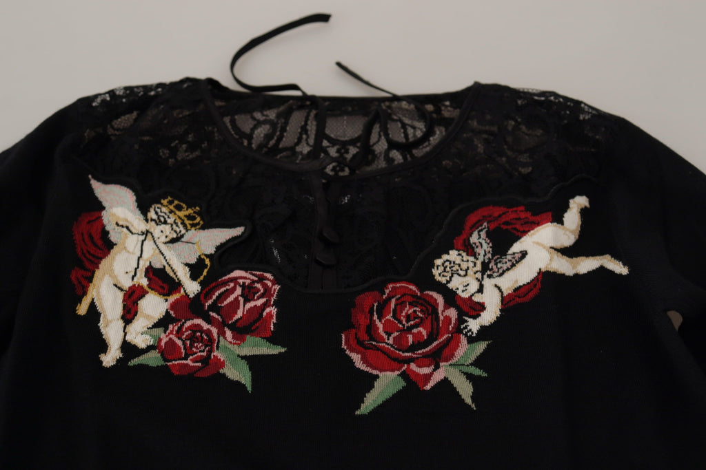 Cardigan en maille Dolce & Gabbana noir avec roses et dentelle