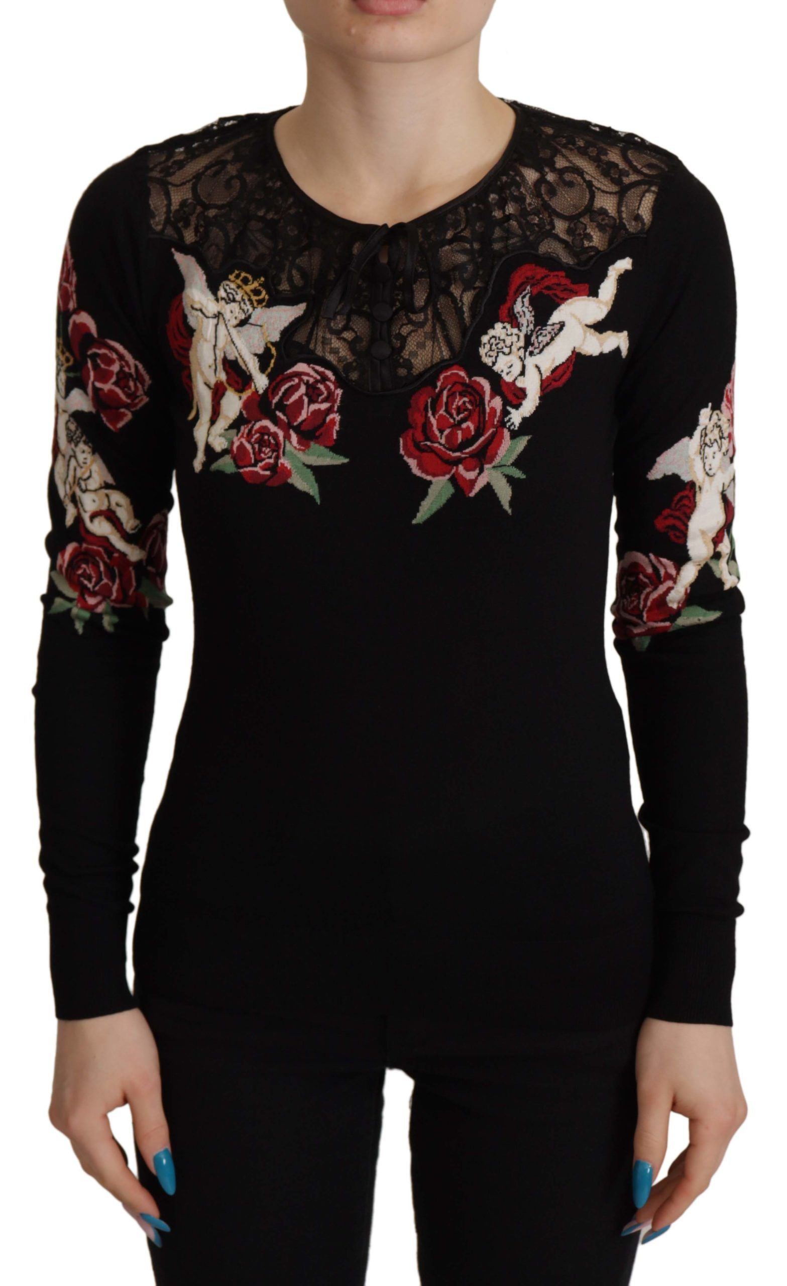 Cardigan en maille Dolce & Gabbana noir avec roses et dentelle