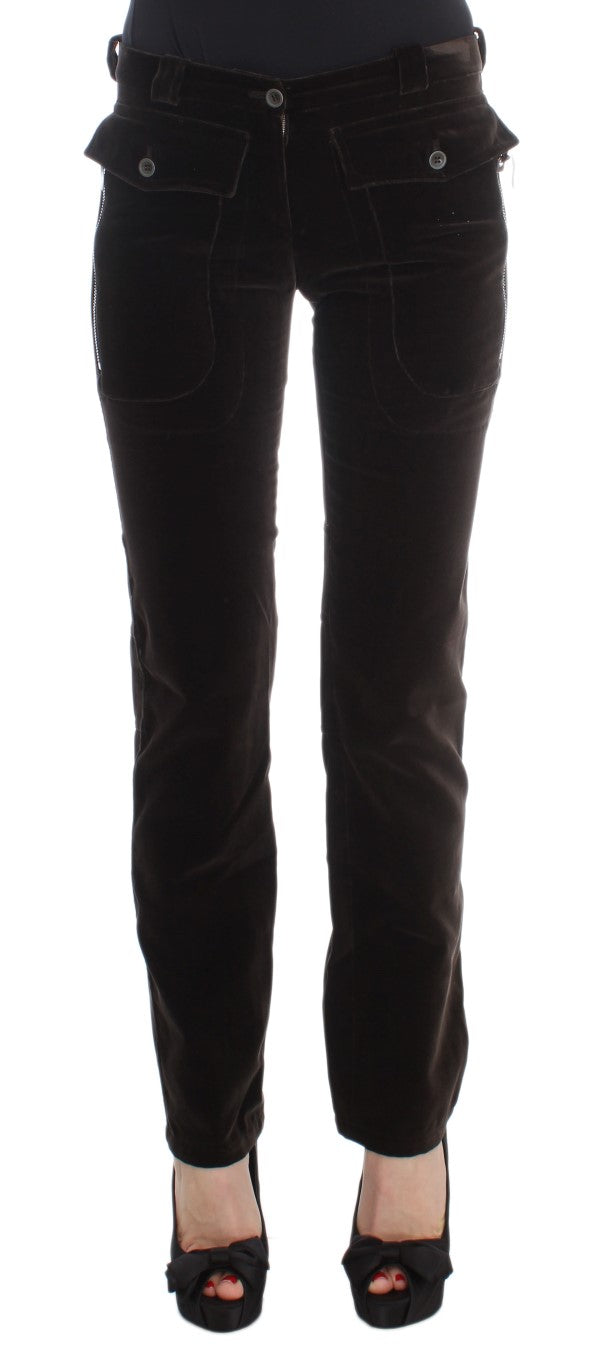 Pantalon slim Ermanno Scervino en velours de coton marron avec fermetures éclair
