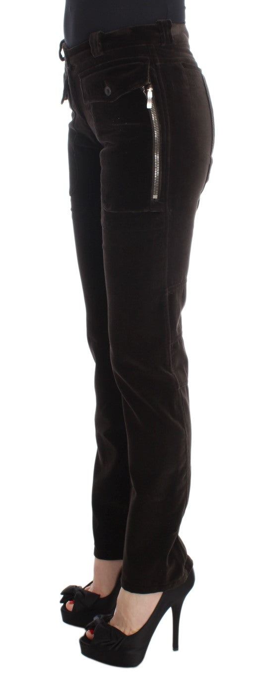 Pantalon slim Ermanno Scervino en velours de coton marron avec fermetures éclair