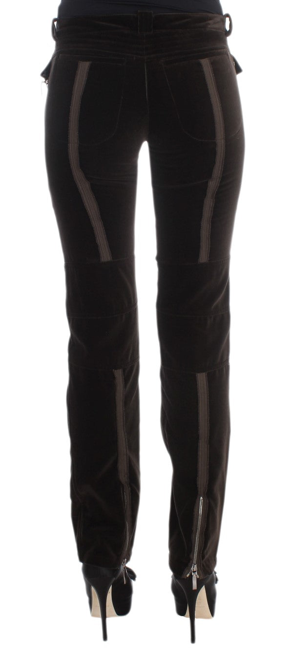 Pantalon slim Ermanno Scervino en velours de coton marron avec fermetures éclair