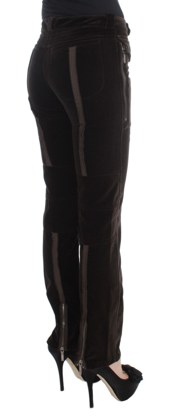 Pantalon slim Ermanno Scervino en velours de coton marron avec fermetures éclair