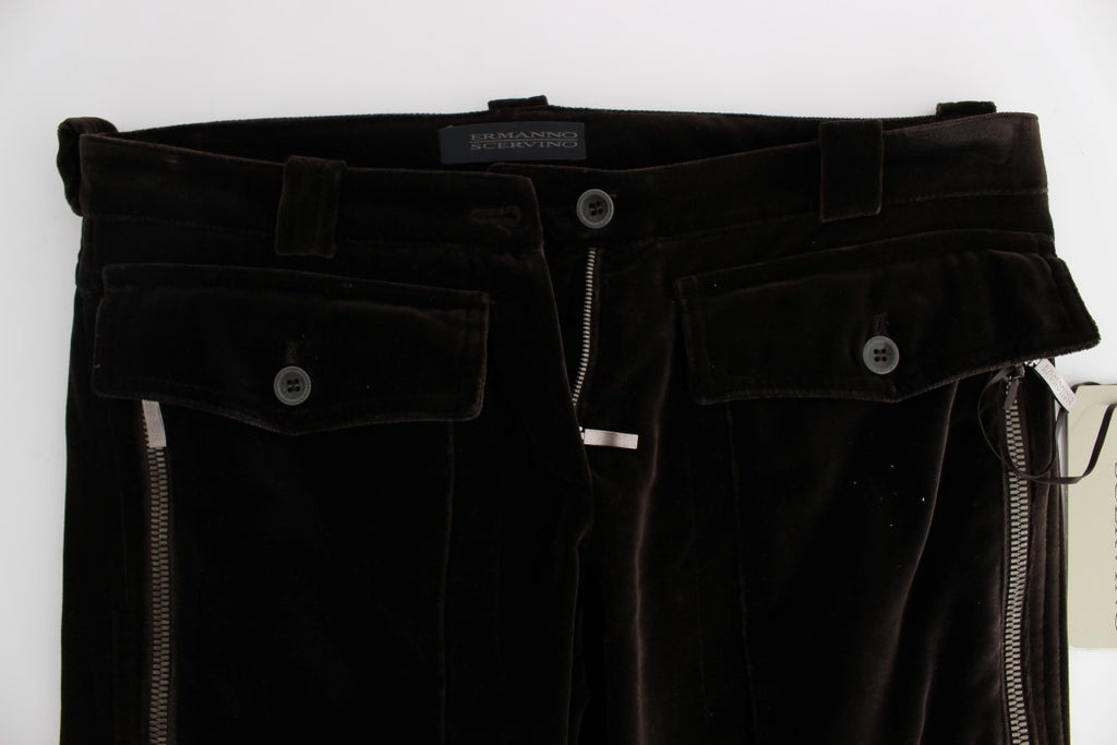 Pantalon slim Ermanno Scervino en velours de coton marron avec fermetures éclair