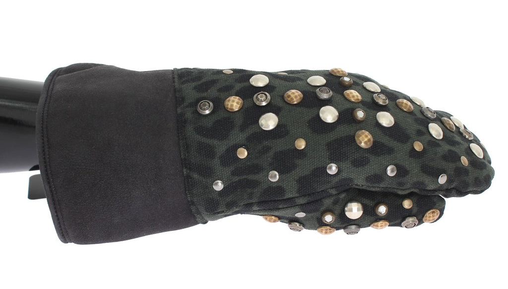 Gants Dolce & Gabbana en laine grise, peau lainée et clous léopard vert