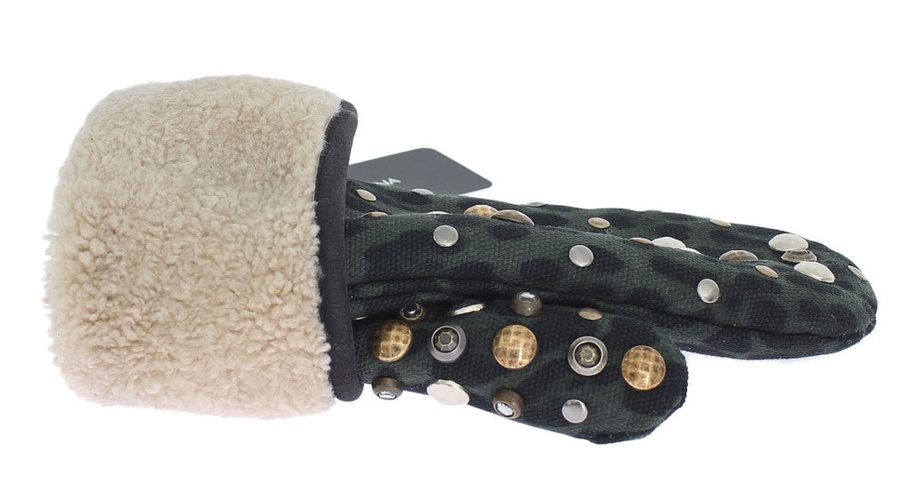 Gants Dolce & Gabbana en laine grise, peau lainée et clous léopard vert