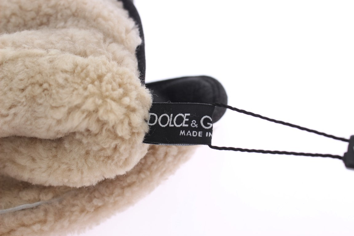 Gants Dolce & Gabbana en laine grise, peau lainée et clous léopard vert