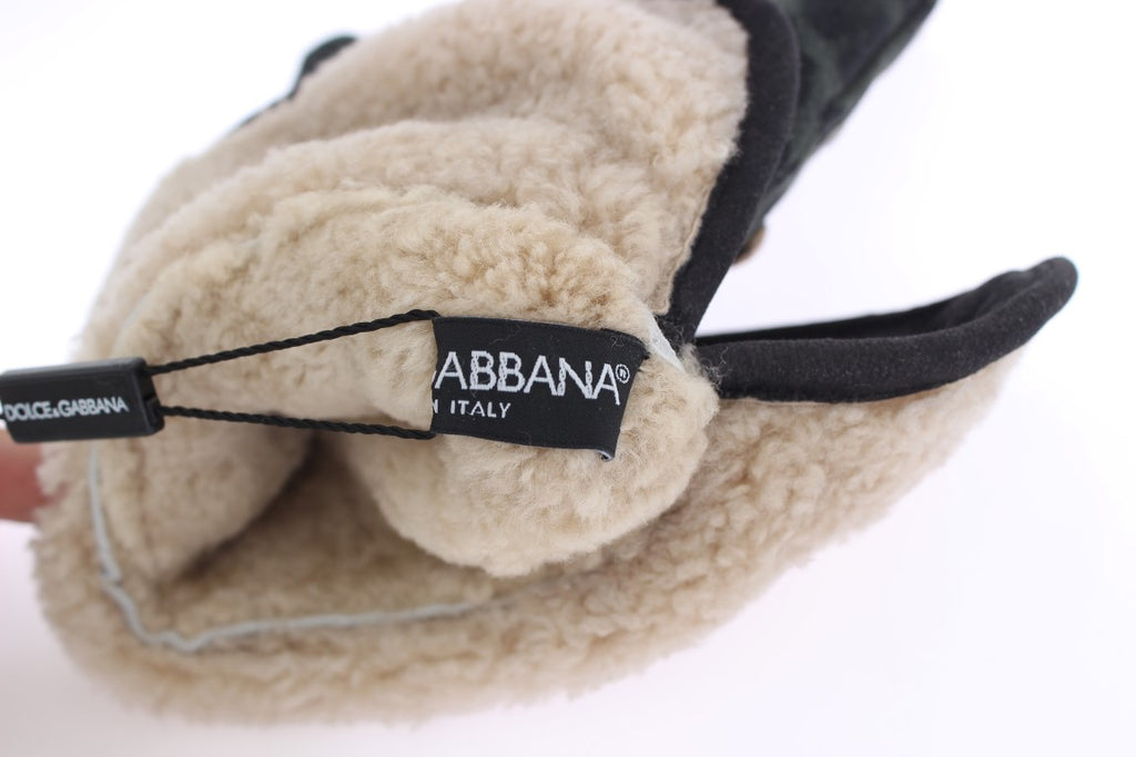 Gants Dolce & Gabbana en laine grise, peau lainée et clous léopard vert