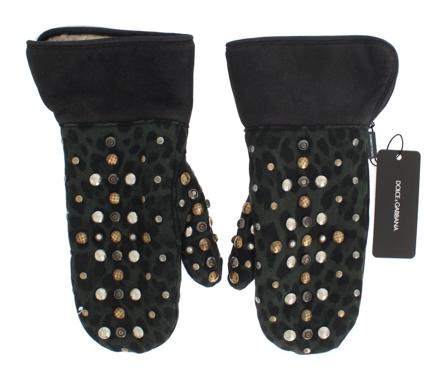 Gants Dolce & Gabbana en laine grise, peau lainée et clous léopard vert