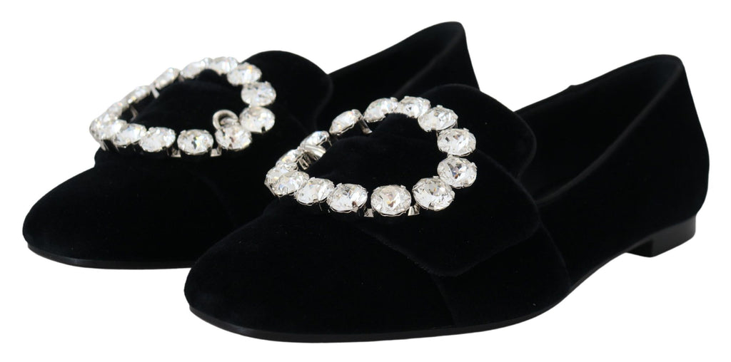 Chaussures plates loafers en velours noir et cristaux Dolce & Gabbana