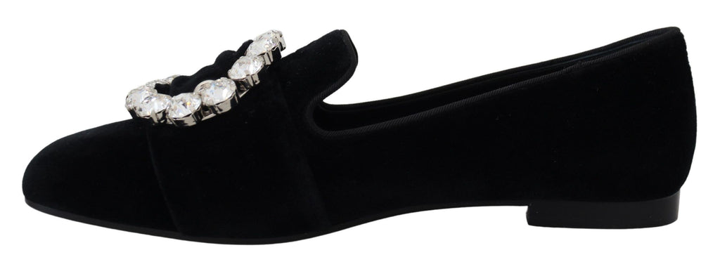 Chaussures plates loafers en velours noir et cristaux Dolce & Gabbana