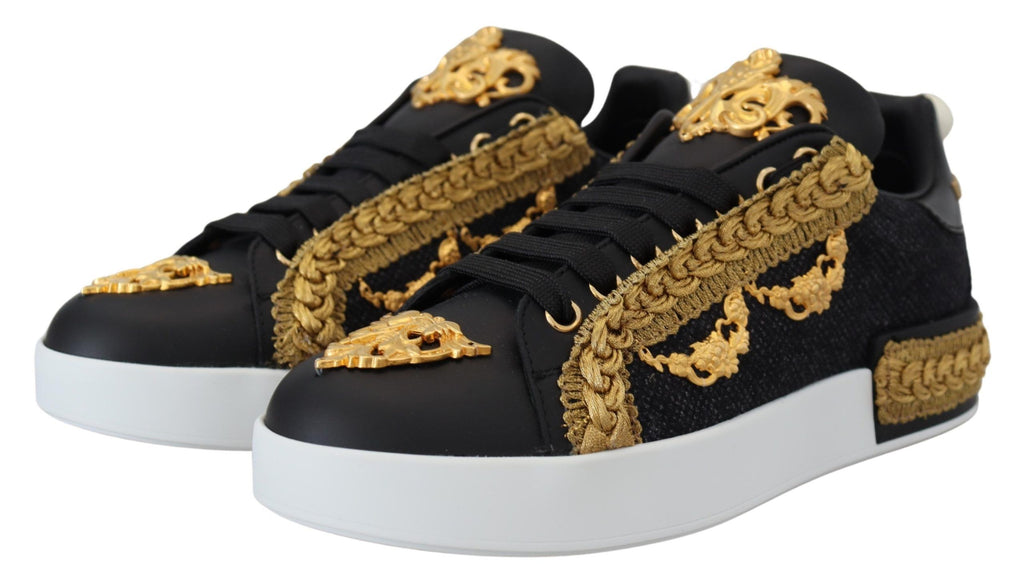 Baskets en cuir Portofino Dolce & Gabbana motif baroque noir et or