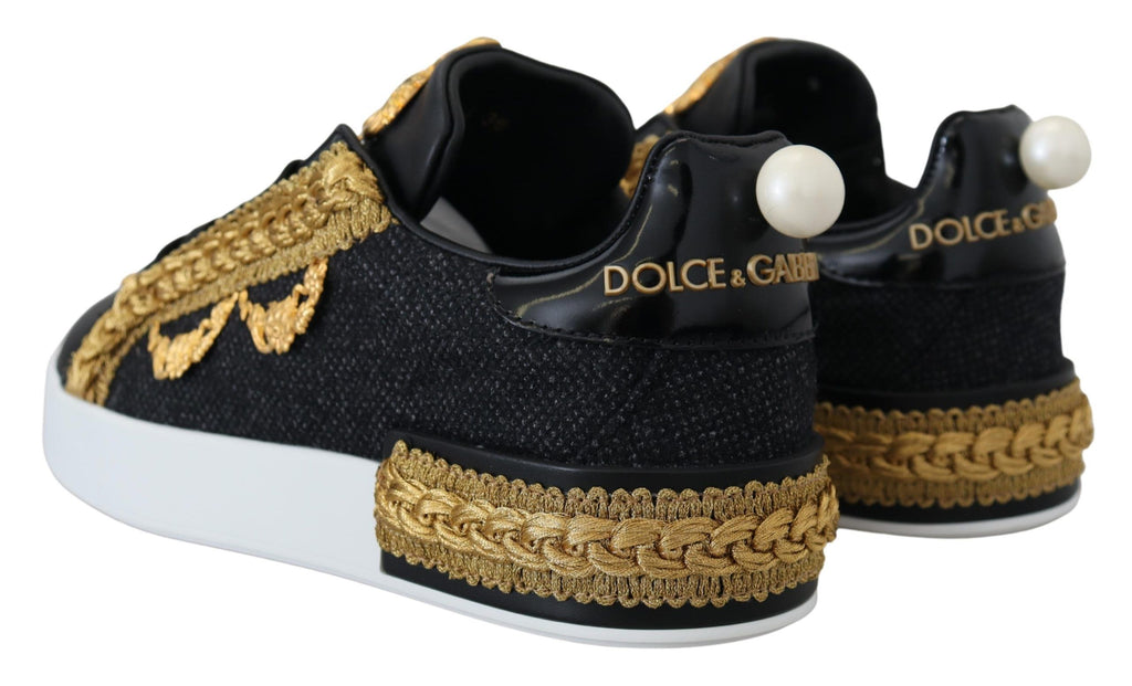 Baskets en cuir Portofino Dolce & Gabbana motif baroque noir et or