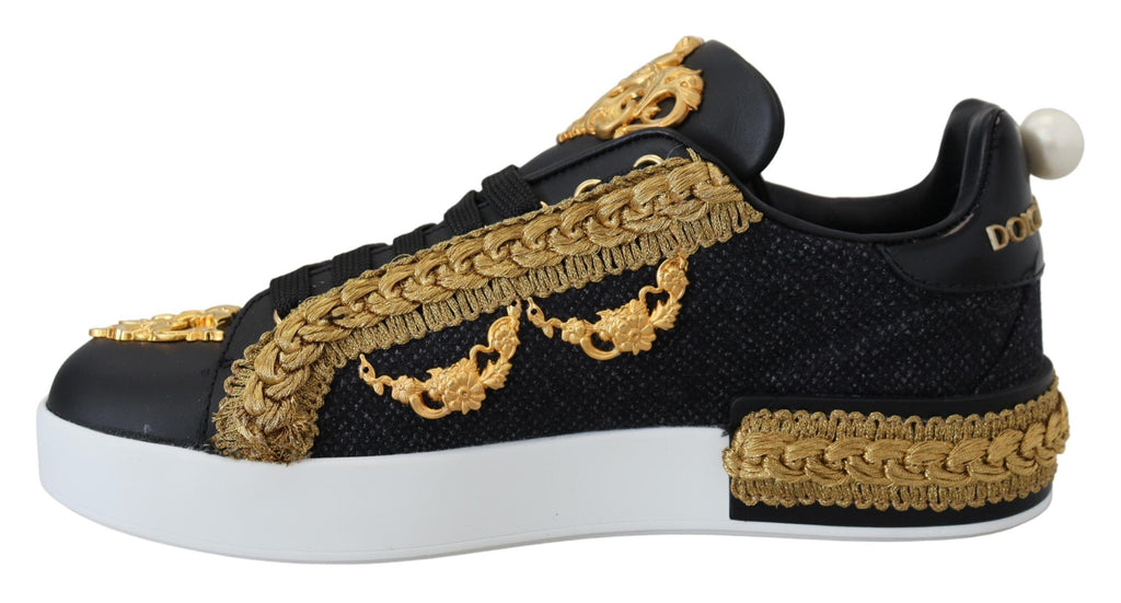 Baskets en cuir Portofino Dolce & Gabbana motif baroque noir et or
