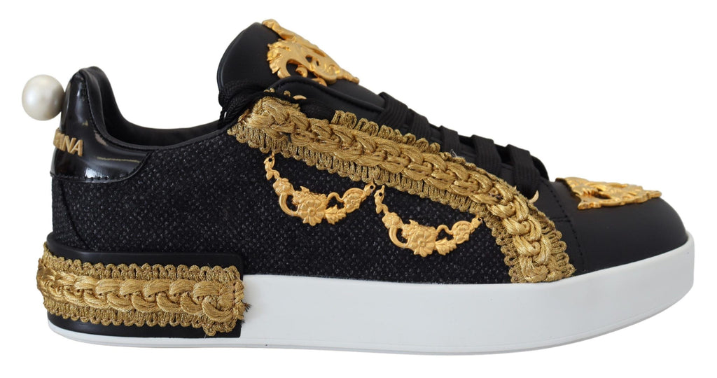 Baskets en cuir Portofino Dolce & Gabbana motif baroque noir et or
