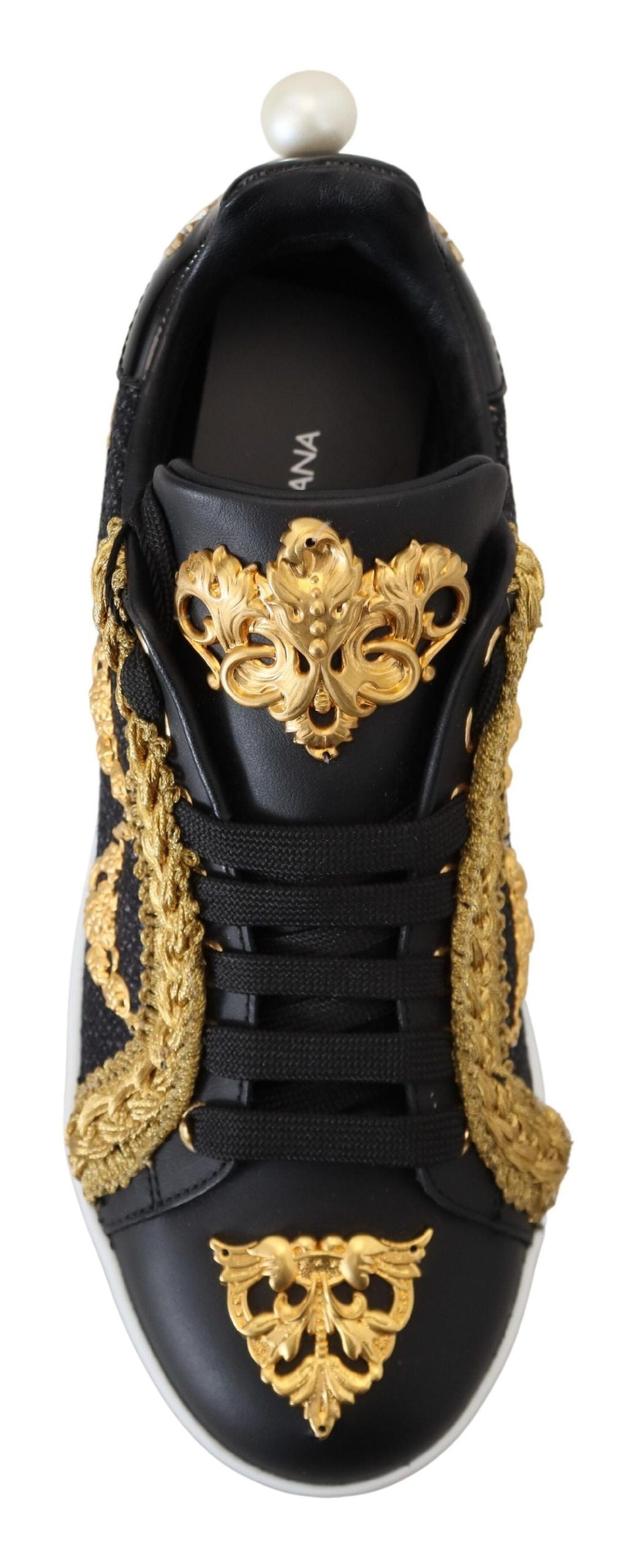 Baskets en cuir Portofino Dolce & Gabbana motif baroque noir et or