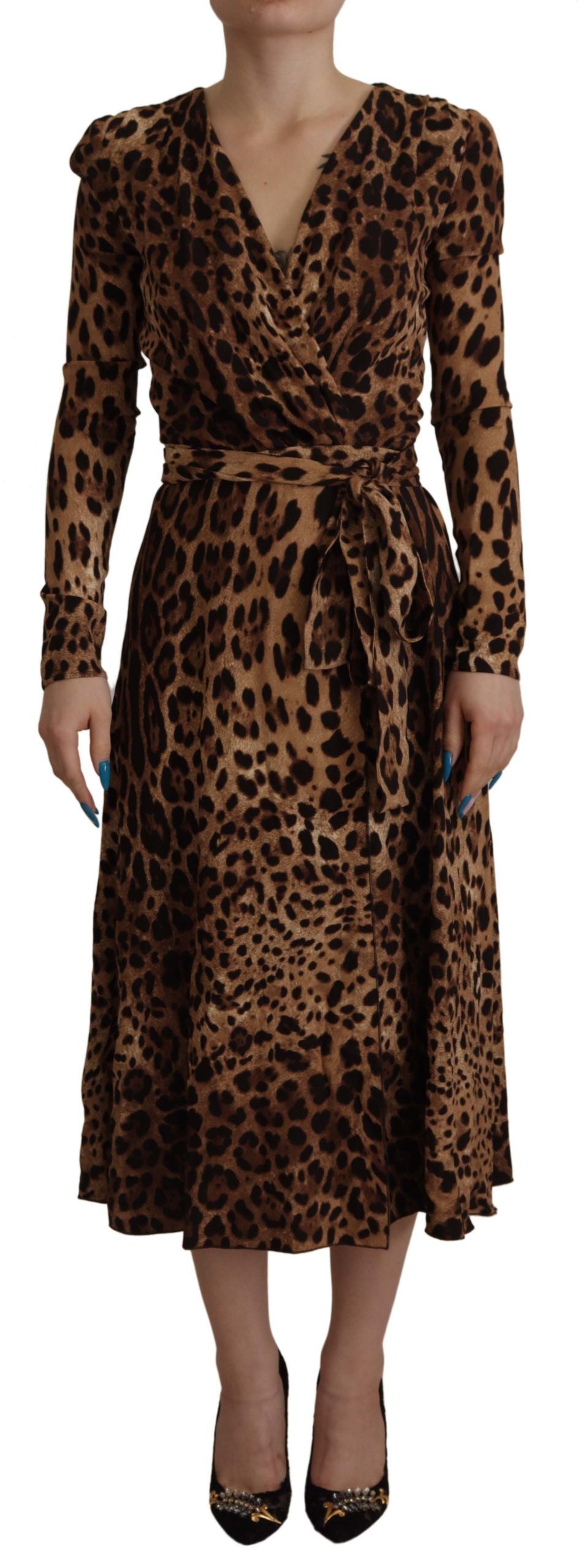 Robe longue portefeuille évasée Dolce & Gabbana en viscose léopard marron