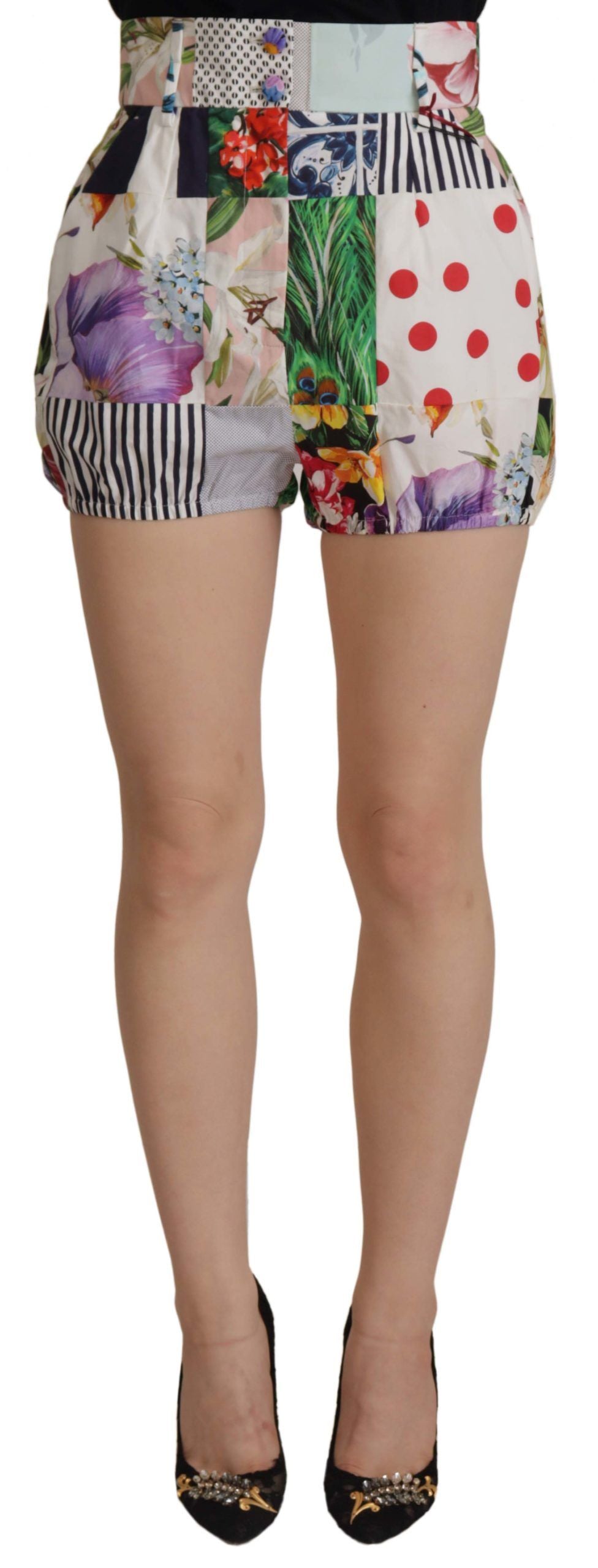 Shorts taille haute en coton à patchwork multicolore Dolce & Gabbana