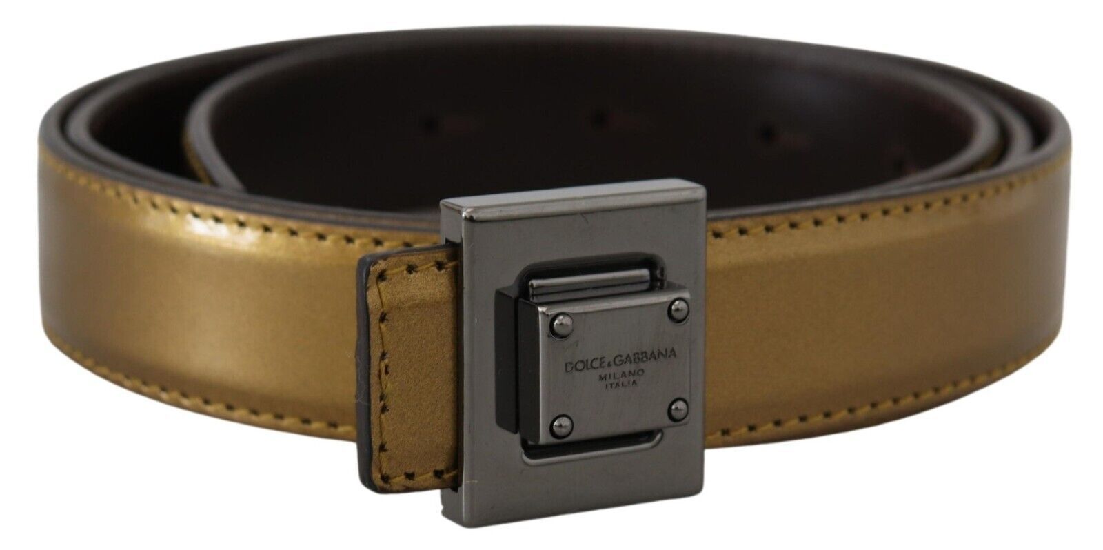 Ceinture Dolce & Gabbana en cuir doré avec boucle carrée en métal argenté