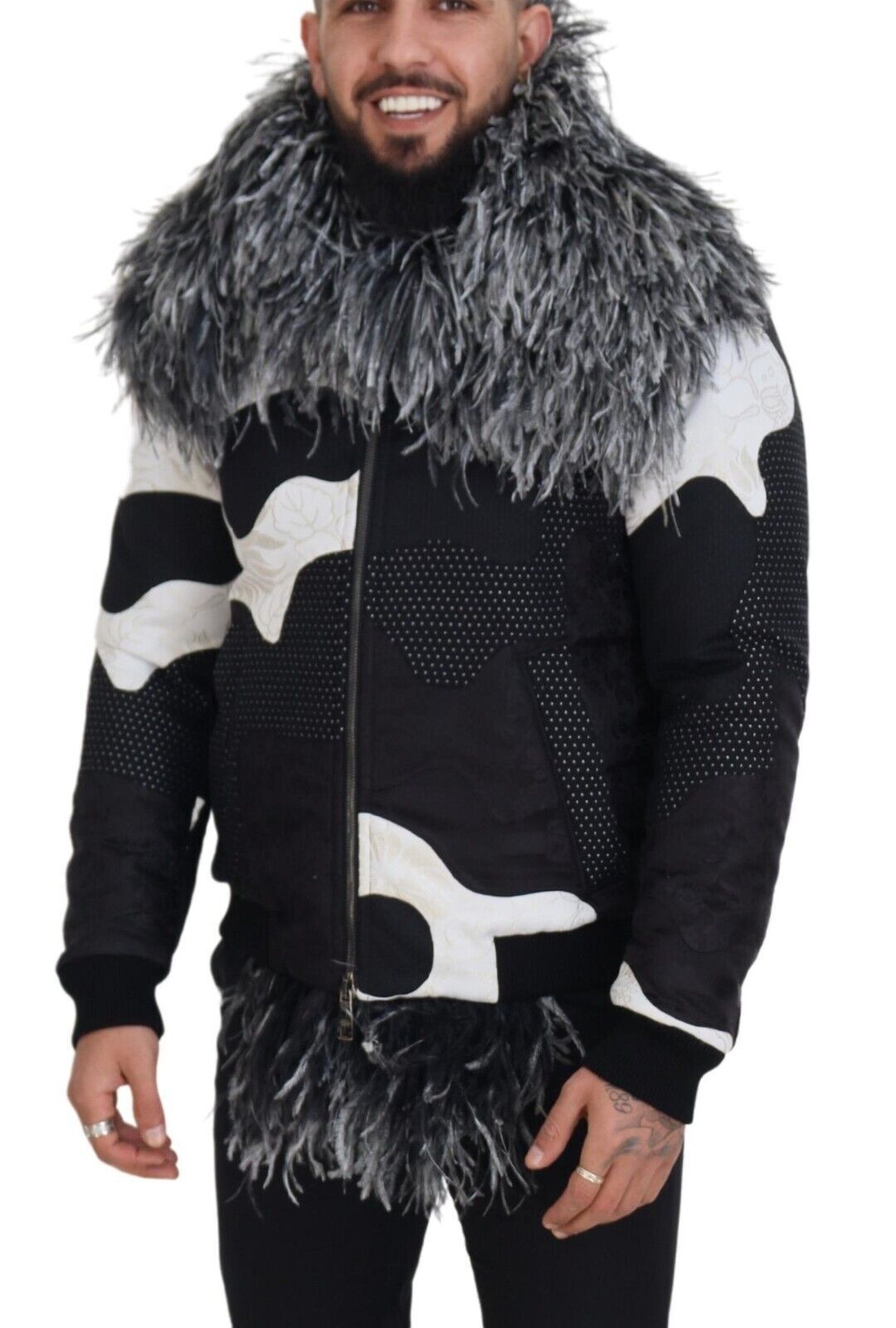 Veste Dolce & Gabbana en fourrure de mouton noire et blanche, entièrement zippée