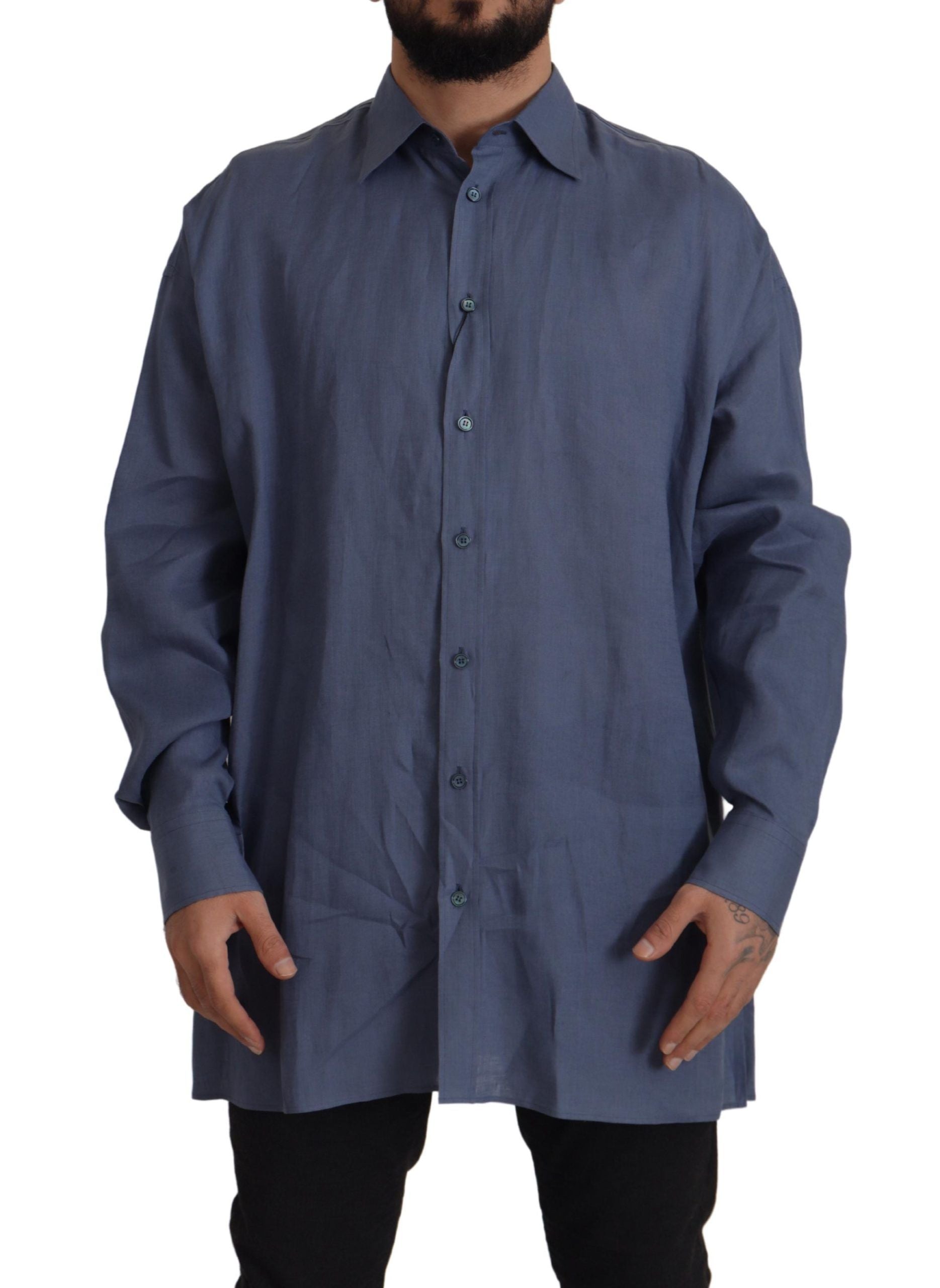 Chemise de Costume Habillée Homme Dolce & Gabbana en Lin Bleu Foncé Coupe Slim