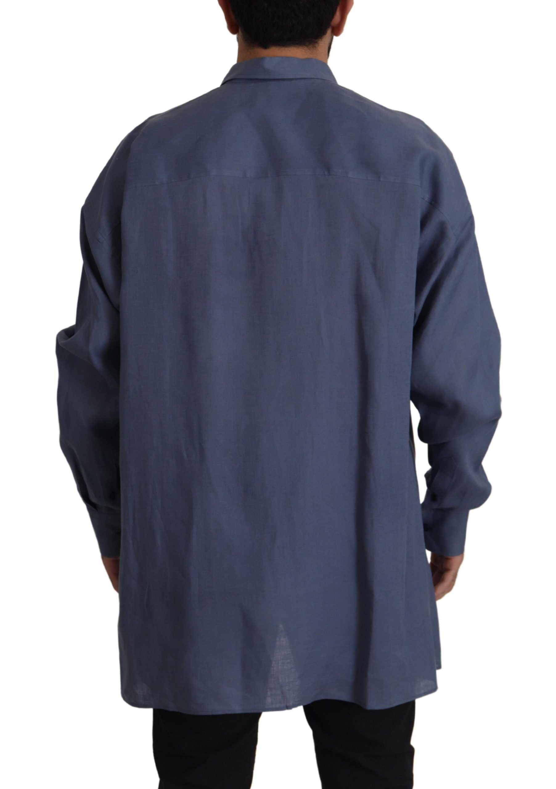 Chemise de Costume Habillée Homme Dolce & Gabbana en Lin Bleu Foncé Coupe Slim