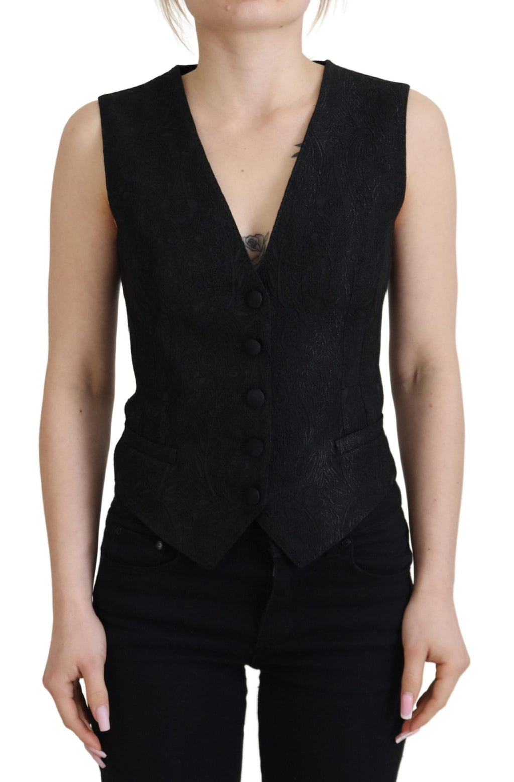 Dolce &amp; Gabbana – Schwarzes, ärmelloses Brokat-Top mit Knopfleiste