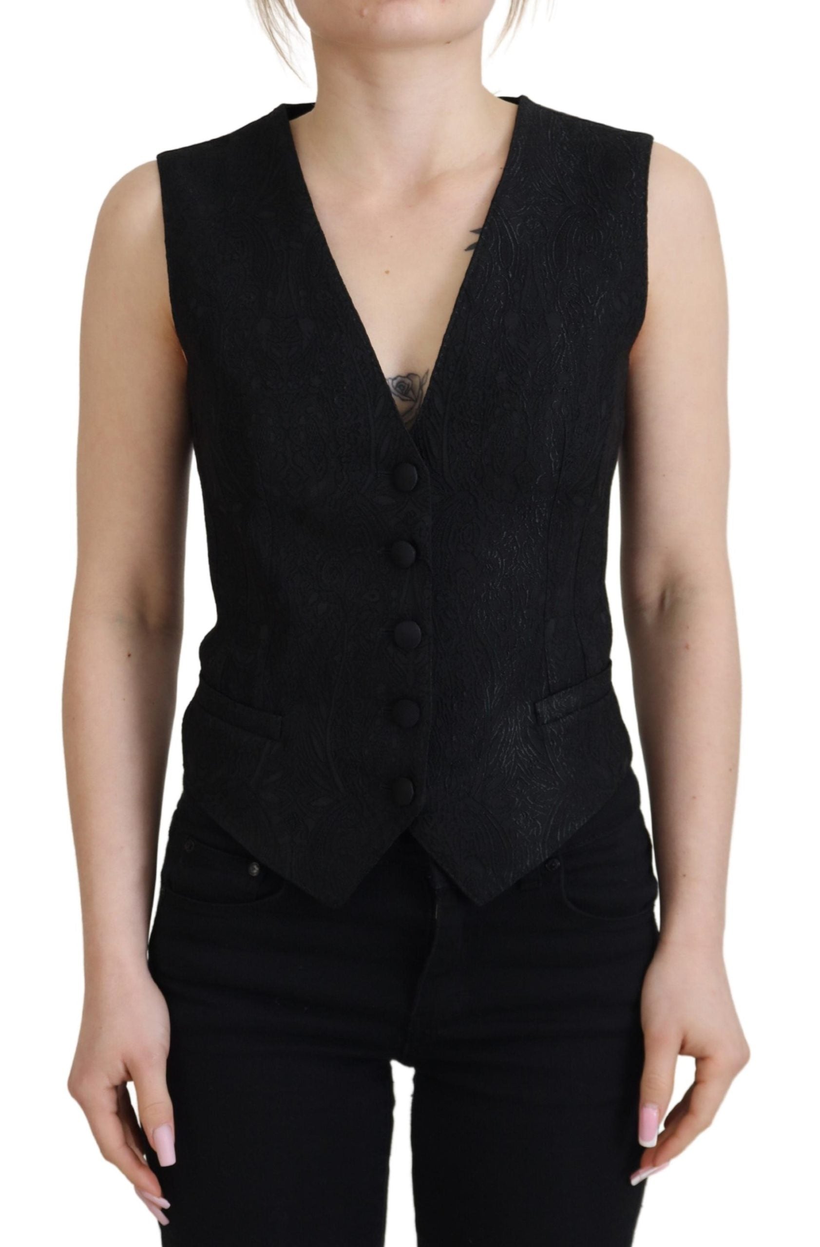 Dolce &amp; Gabbana – Schwarzes, ärmelloses Brokat-Top mit Knopfleiste
