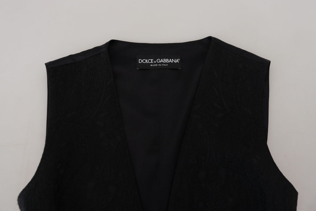 Dolce &amp; Gabbana – Schwarzes, ärmelloses Brokat-Top mit Knopfleiste