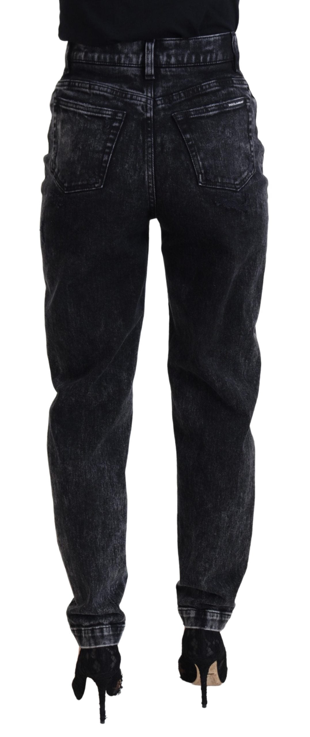 Jean en denim taille haute en coton délavé noir Dolce & Gabbana