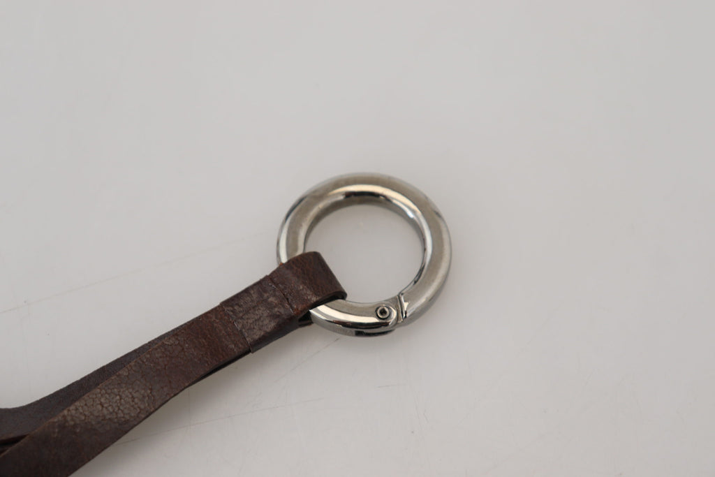Porte-clés en métal argenté et cuir marron Costume National
