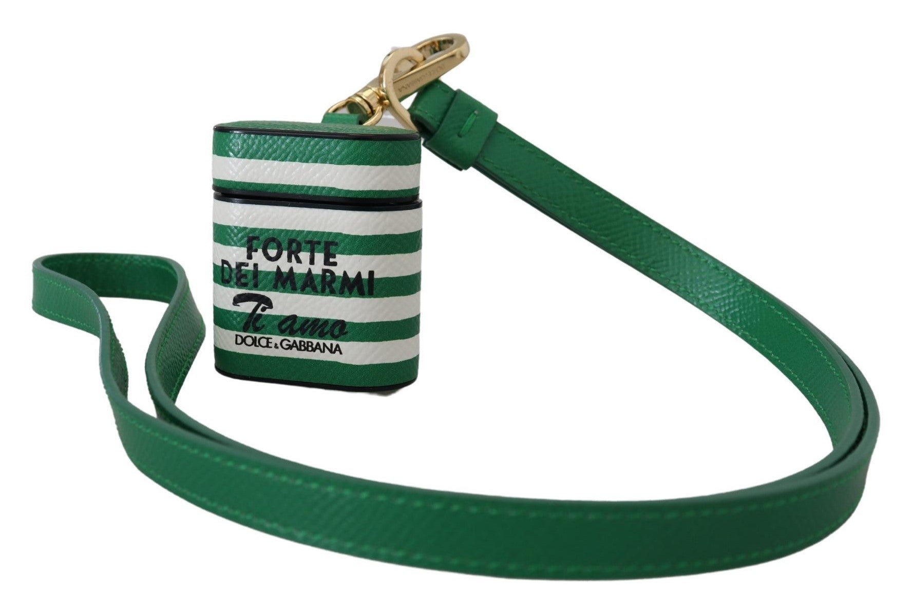 Dolce & Gabbana Green Leather Strap Gold Metal Logo Airpods Case