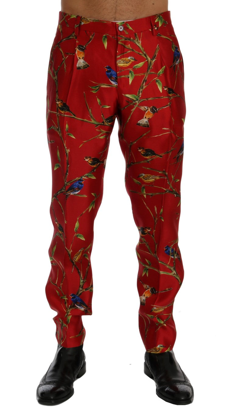 Pantalon en soie rouge à imprimé oiseau Dolce & Gabbana
