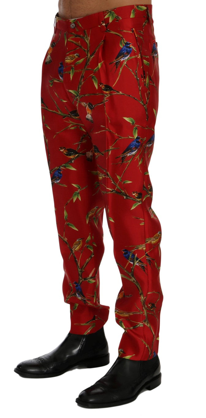 Pantalon en soie rouge à imprimé oiseau Dolce & Gabbana