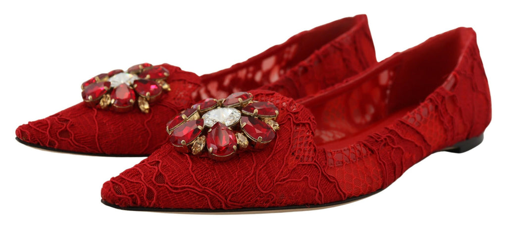 Chaussures Plates Mocassins Dolce & Gabbana Taormina Rouges à Cristaux