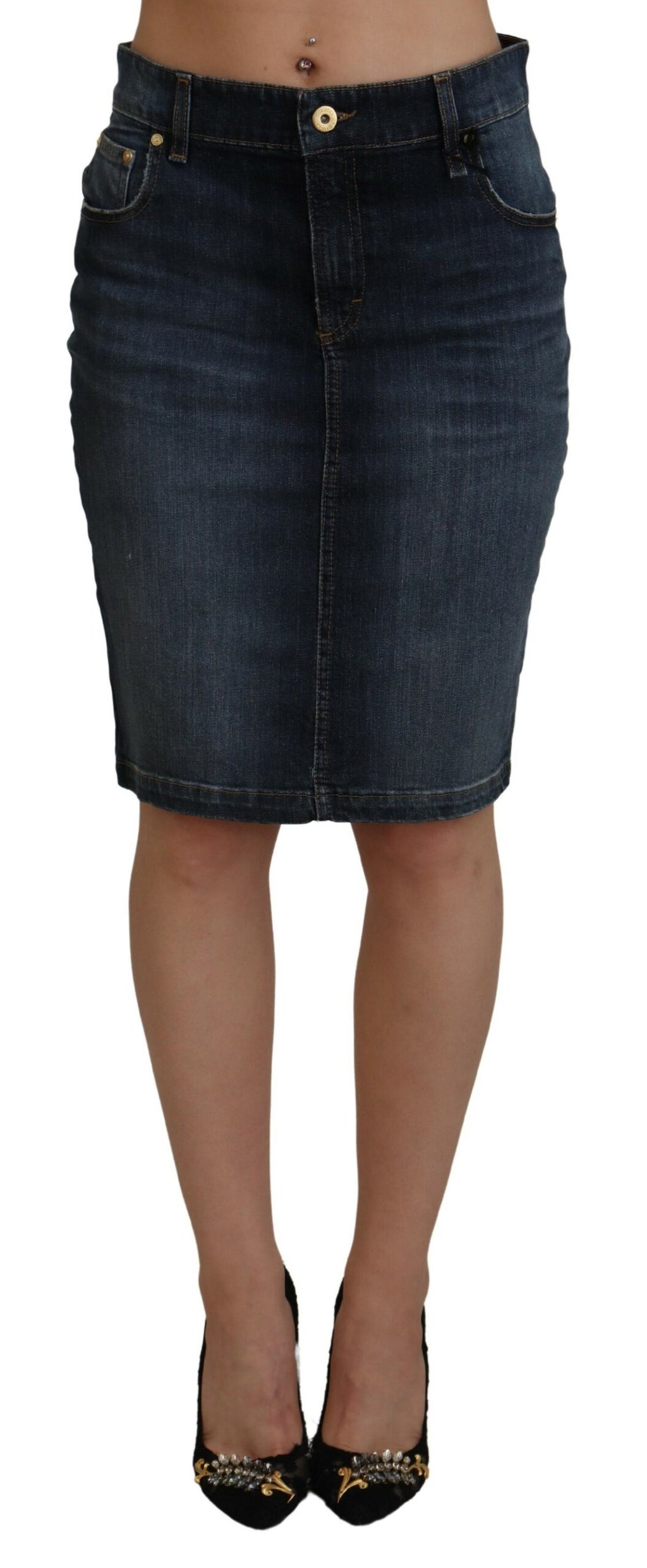 Fiorucci – Dunkelblauer, verwaschener Jeansrock mit Bleistiftschnitt und mittlerer Taille