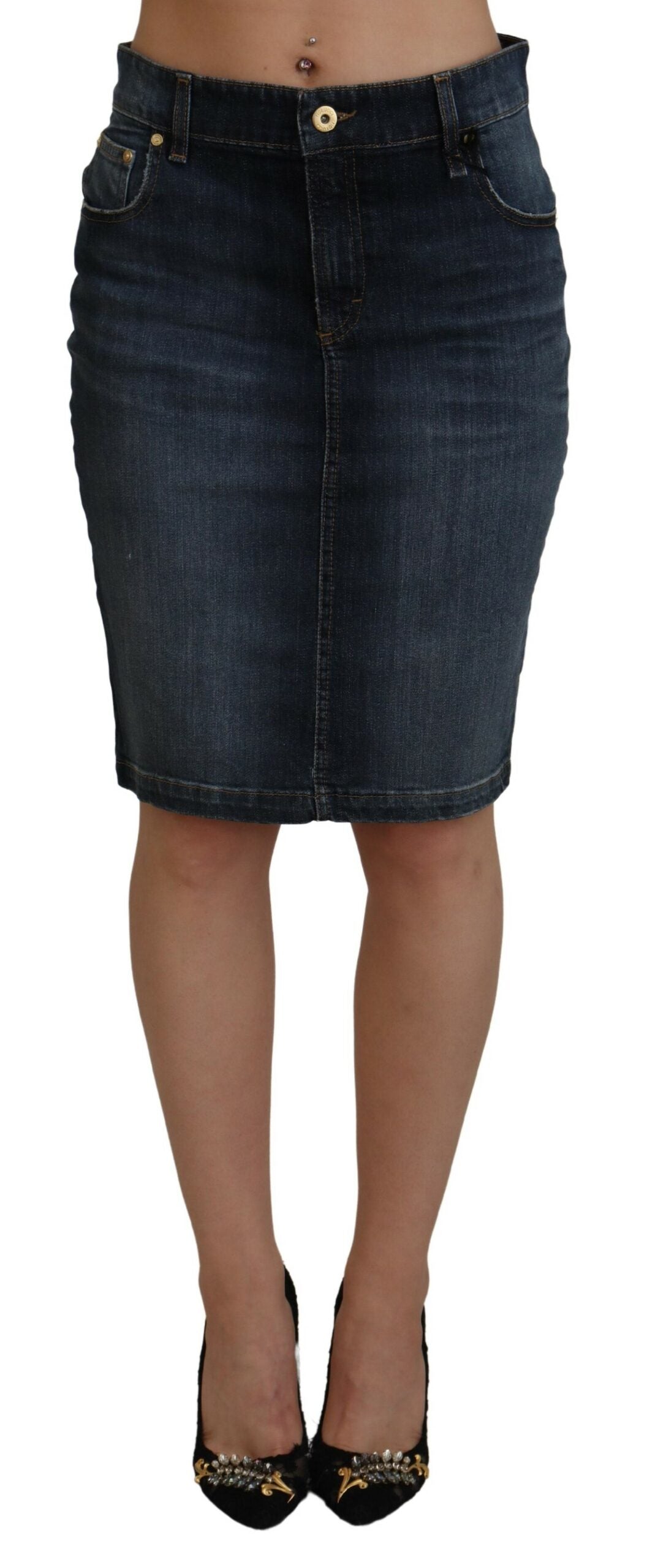 Fiorucci – Dunkelblauer, verwaschener Jeansrock mit Bleistiftschnitt und mittlerer Taille