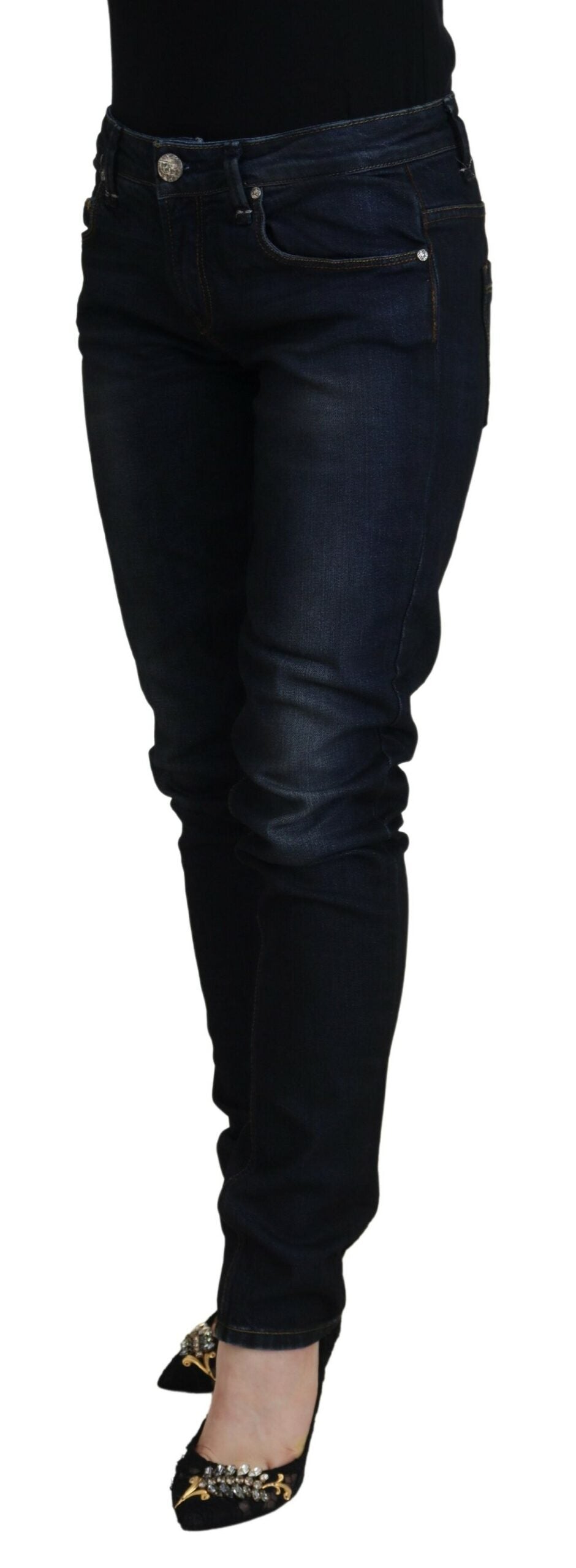 Jean skinny taille basse décontracté pour femme en denim de coton bleu Acht