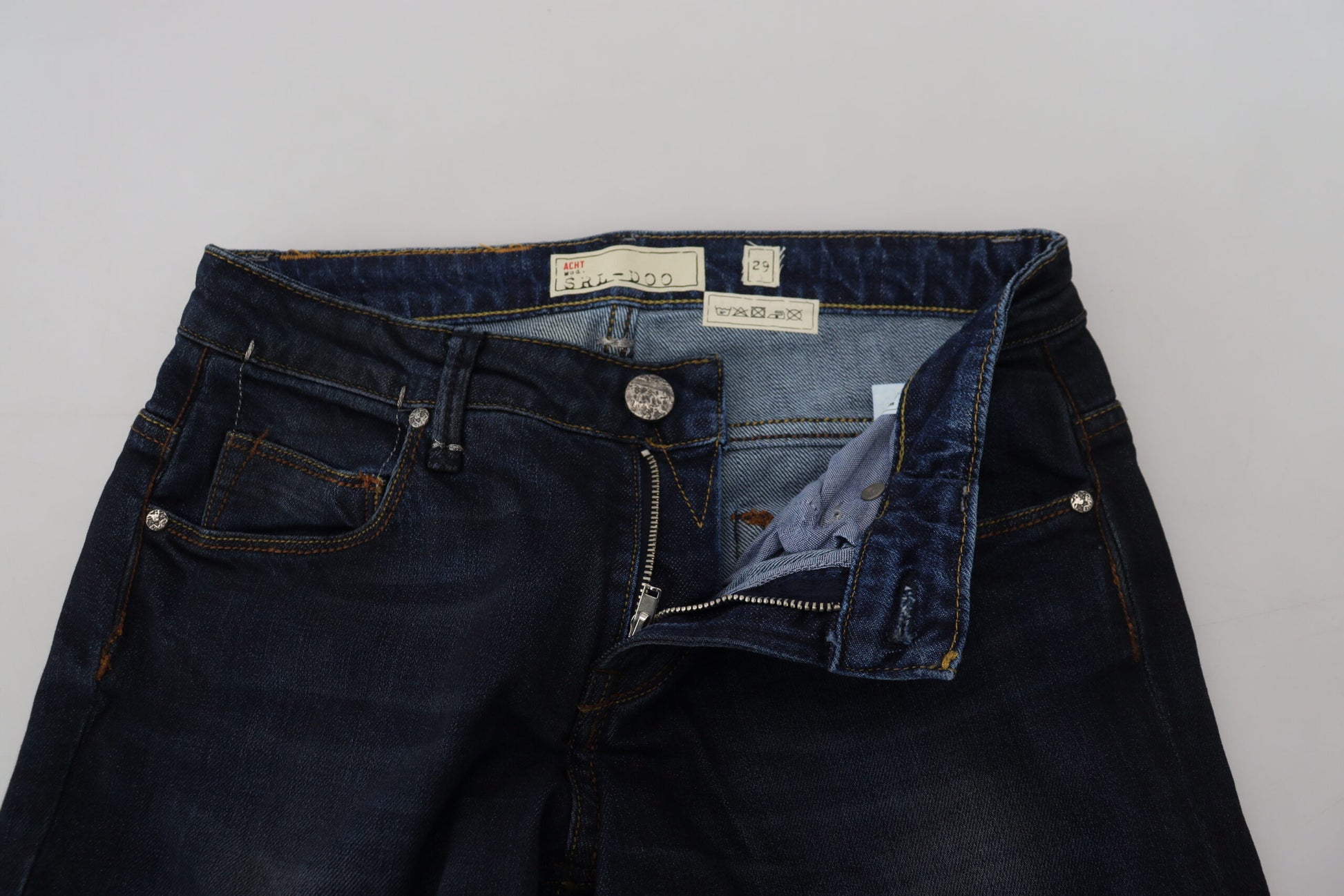 Jean skinny taille basse décontracté pour femme en denim de coton bleu Acht