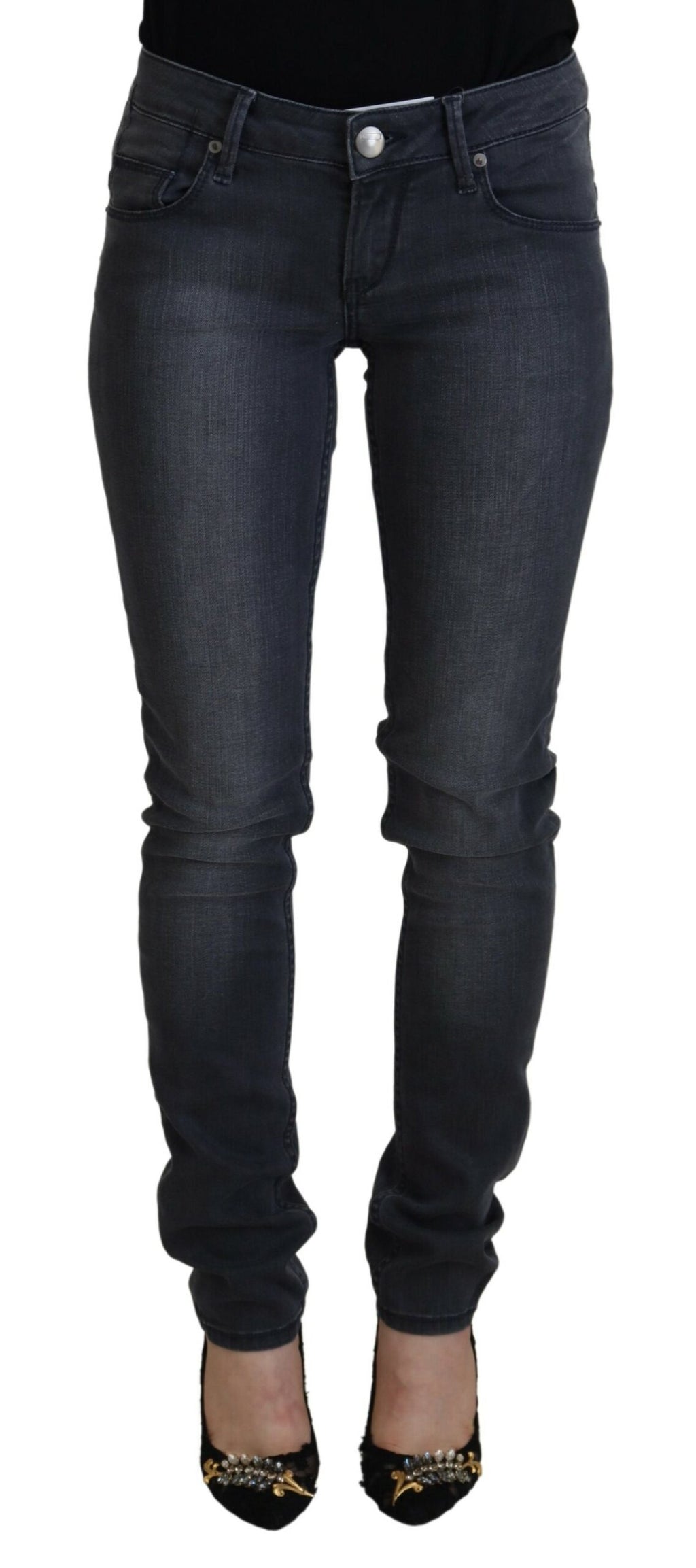 Jean slim décontracté taille basse pour femme en denim gris Acht Cotton