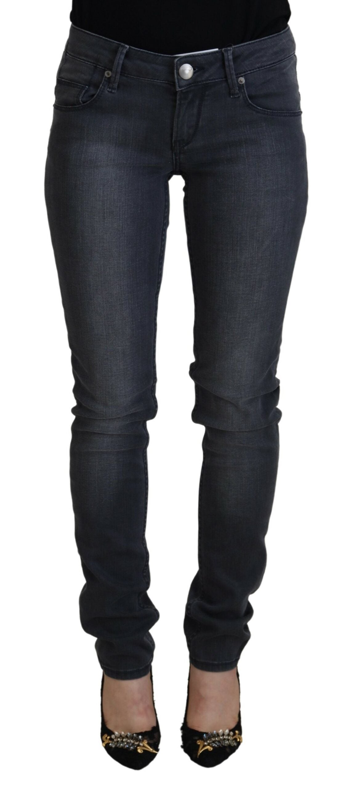 Jean slim décontracté taille basse pour femme en denim gris Acht Cotton
