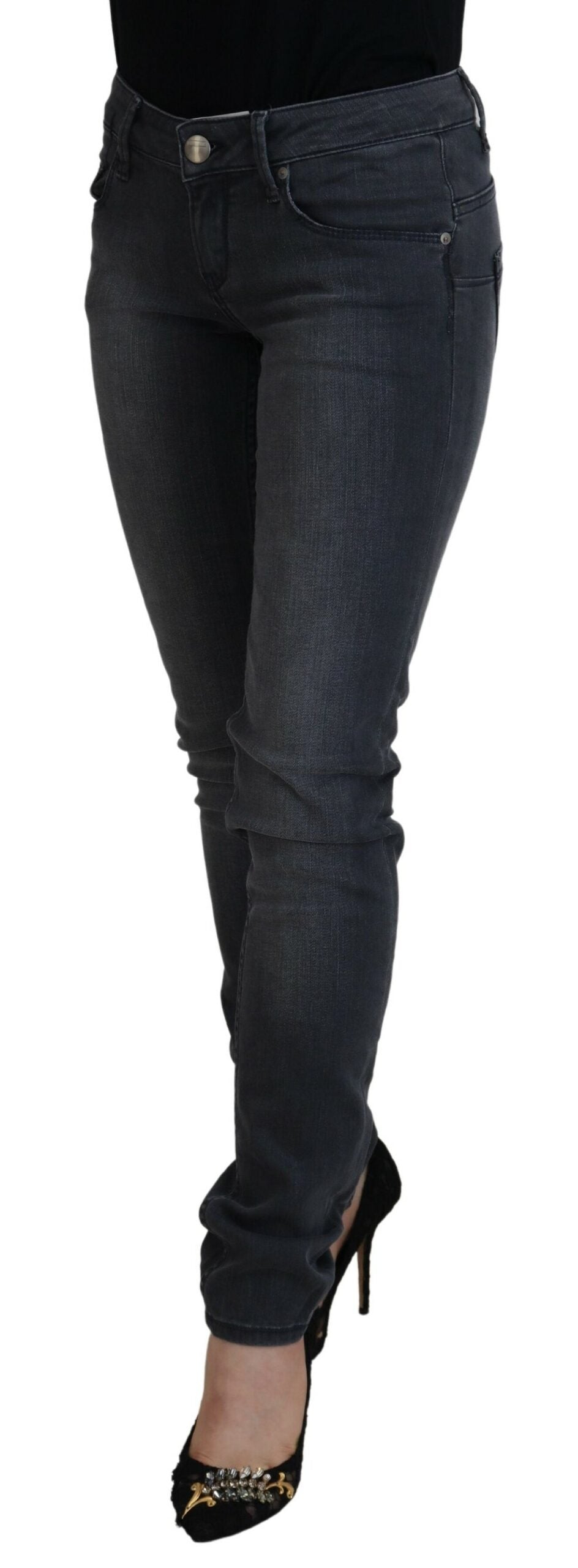 Jean slim décontracté taille basse pour femme en denim gris Acht Cotton