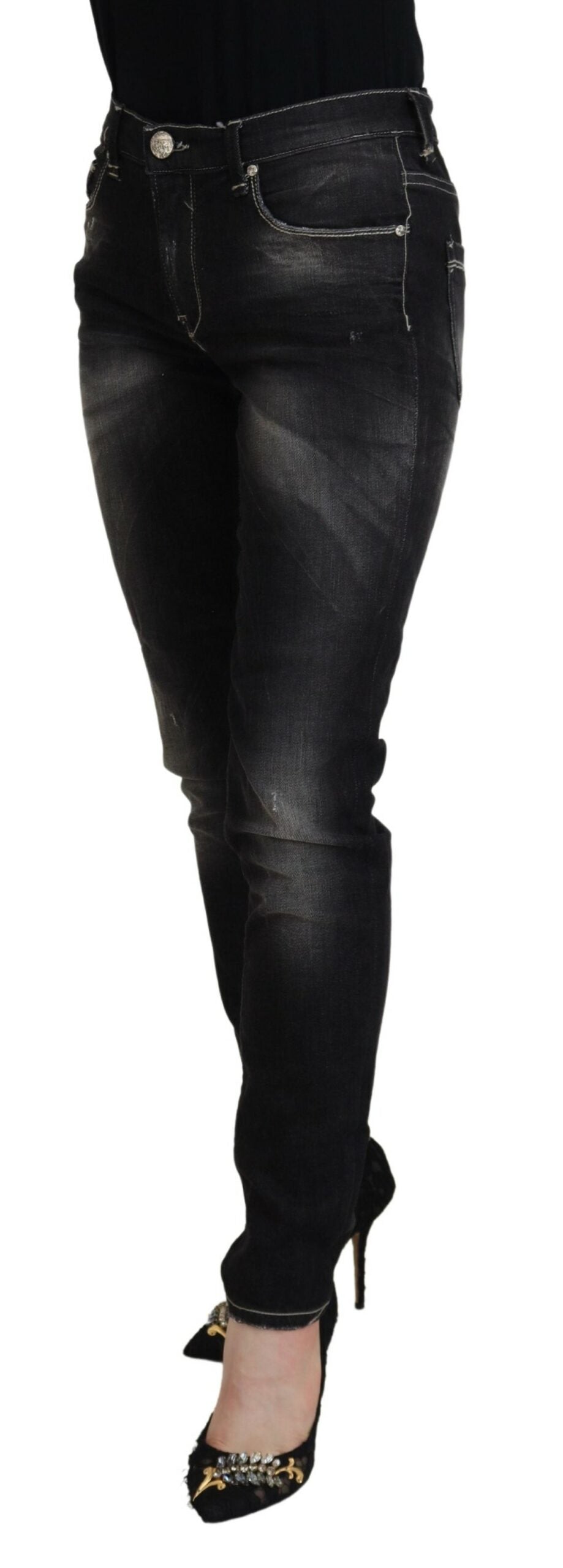 Jean en denim décontracté pour femme Acht Black Washed, taille mi-haute, coupe fuselée