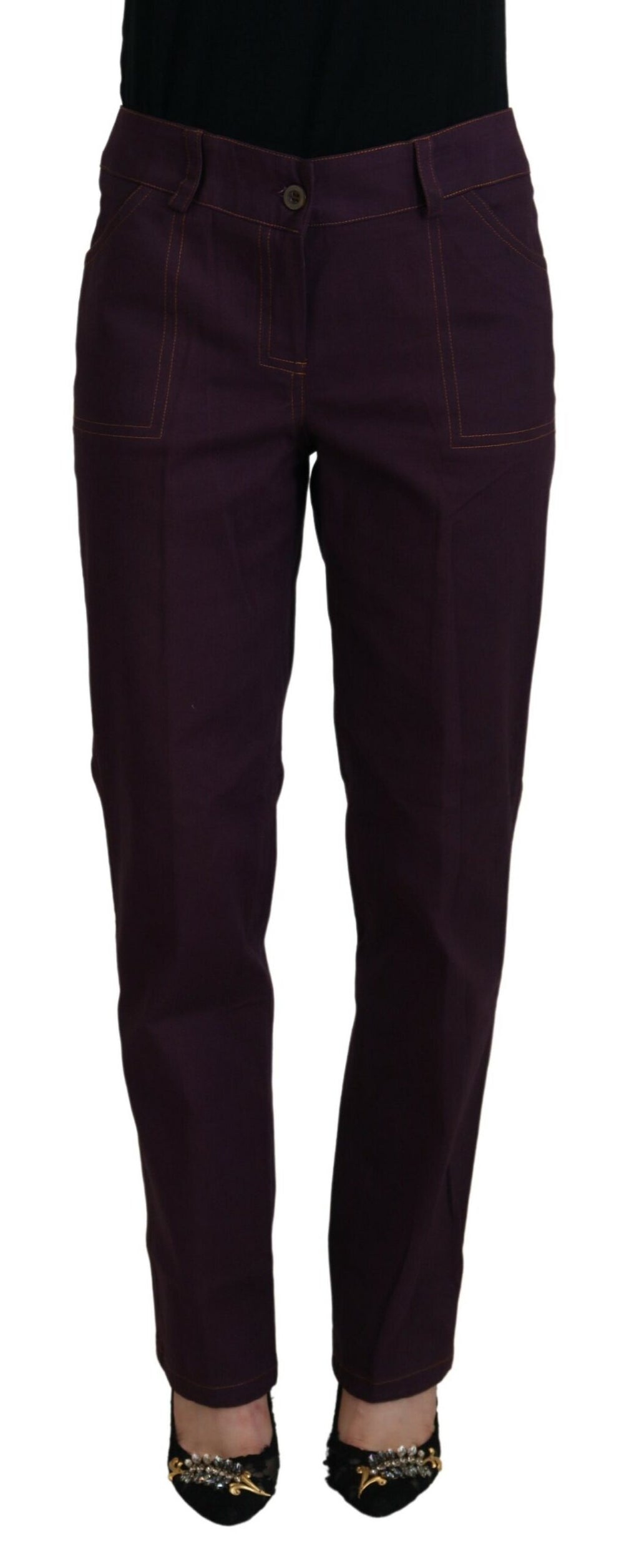 BENCIVENGA Pantalon fuselé violet en coton à taille mi-haute pour femme